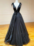 Line Black V Neck Tulle Long Prom Dress HZ1024