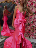 Straps V-Neck Satin Mermaid Prom Dress with Bow HZ1024