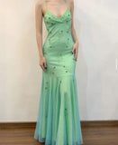 Green Mermaid Spaghetti Straps Long Prom Dresses HZ1024