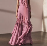 V-Neck Chiffon Pleated Sleeveless Back Zippered Long Prom Dress Beautiful Party Dress HZ1024