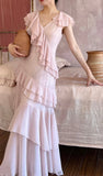 V-Neck Chiffon Pleated Sleeveless Back Zippered Long Prom Dress Beautiful Party Dress HZ1024