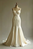 Champagne Mermaid Satin V-neck Long Prom Dress Spaghetti Strap Beaded Wedding Dress HZ1024