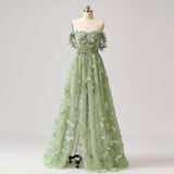 Green A-Line Tulle Spaghetti Straps 3D Butterfly Long Prom Dress Sweet Adult Graduation Prom Dress HZ1024