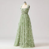 Green A-Line Tulle Spaghetti Straps 3D Butterfly Long Prom Dress Sweet Adult Graduation Prom Dress HZ1024