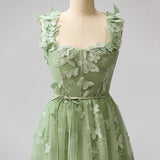 Green A-Line Tulle Spaghetti Straps 3D Butterfly Long Prom Dress Sweet Adult Graduation Prom Dress HZ1024