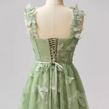 Green A-Line Tulle Spaghetti Straps 3D Butterfly Long Prom Dress Sweet Adult Graduation Prom Dress HZ1024