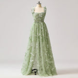 Green A-Line Tulle Spaghetti Straps 3D Butterfly Long Prom Dress Sweet Adult Graduation Prom Dress HZ1024