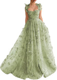 Green A-Line Tulle Spaghetti Straps 3D Butterfly Long Prom Dress Sweet Adult Graduation Prom Dress HZ1024