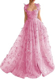 Green A-Line Tulle Spaghetti Straps 3D Butterfly Long Prom Dress Sweet Adult Graduation Prom Dress HZ1024