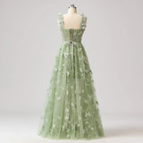 Green A-Line Tulle Spaghetti Straps 3D Butterfly Long Prom Dress Sweet Adult Graduation Prom Dress HZ1024