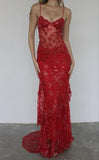 Mermaid Spaghetti Straps Tulle Lace Long Prom Dress Sexy Birthday Dress HZ1024