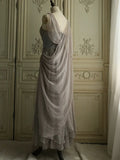Spaghetti Straps Transparent Beads Sweetheart Neck Grey Long Prom Dress HZ1024