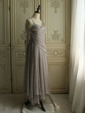 Spaghetti Straps Transparent Beads Sweetheart Neck Grey Long Prom Dress HZ1024
