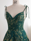Green A-line Spaghetti Strap Satin Long Prom Dress Sweetheart Neckline Retro Bridesmaid Dress Dress HZ1024