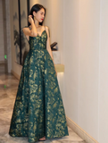 Green A-line Spaghetti Strap Satin Long Prom Dress Sweetheart Neckline Retro Bridesmaid Dress Dress HZ1024