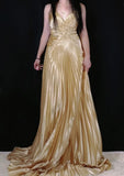 A-line Spaghetti Straps Satin Beaded Long Prom Dress V-neck Retro Evening Dress HZ1024