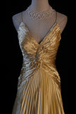 A-line Spaghetti Straps Satin Beaded Long Prom Dress V-neck Retro Evening Dress HZ1024