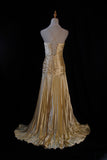 A-line Spaghetti Straps Satin Beaded Long Prom Dress V-neck Retro Evening Dress HZ1024