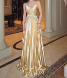 A-line Spaghetti Straps Satin Beaded Long Prom Dress V-neck Retro Evening Dress HZ1024