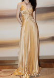 A-line Spaghetti Straps Satin Beaded Long Prom Dress V-neck Retro Evening Dress HZ1024