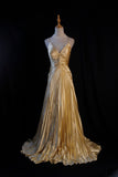 A-line Spaghetti Straps Satin Beaded Long Prom Dress V-neck Retro Evening Dress HZ1024
