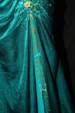 Mermaid Halter Satin Beaded Long Prom Dress Retro V-neck Rhinestone Evening Gown HZ1024