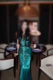 Mermaid Halter Satin Beaded Long Prom Dress Retro V-neck Rhinestone Evening Gown HZ1024