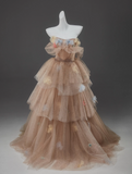 A-Line Off Shoulder Tulle Sequin Long Ball Dress Cute Layered Dress HZ1024