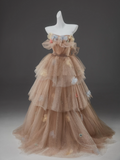 A-Line Off Shoulder Tulle Sequin Long Ball Dress Cute Layered Dress HZ1024