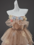A-Line Off Shoulder Tulle Sequin Long Ball Dress Cute Layered Dress HZ1024