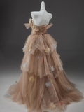 A-Line Off Shoulder Tulle Sequin Long Ball Dress Cute Layered Dress HZ1024