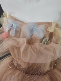 A-Line Off Shoulder Tulle Sequin Long Ball Dress Cute Layered Dress HZ1024