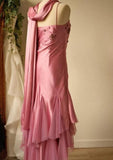 A-line Pink Spaghetti Strap Satin Applique Retro Prom Dress Birthday Party Dress HZ1024