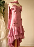 A-line Pink Spaghetti Strap Satin Applique Retro Prom Dress Birthday Party Dress HZ1024