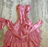 A-line Pink Spaghetti Strap Satin Applique Retro Prom Dress Birthday Party Dress HZ1024