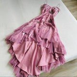 A-line Pink Spaghetti Strap Satin Applique Retro Prom Dress Birthday Party Dress HZ1024