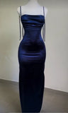 Blue Spaghetti Strap Bodycon Satin Elegant Prom Dresses Backless Party Dresses HZ1024