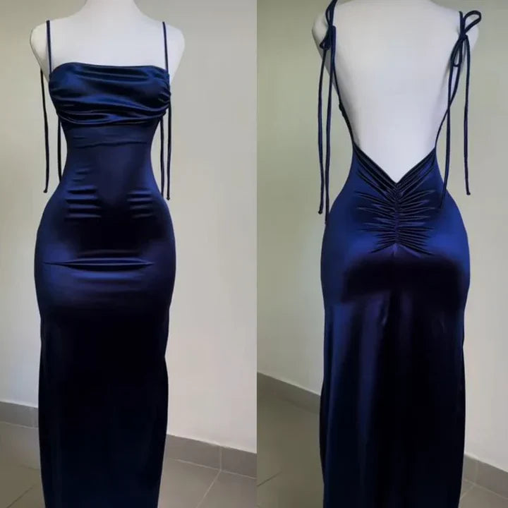 Blue Spaghetti Strap Bodycon Satin Elegant Prom Dresses Backless Party Dresses HZ1024