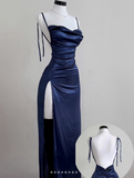 Blue Spaghetti Strap Bodycon Satin Elegant Prom Dresses Backless Party Dresses HZ1024