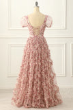 A-line Tulle Pleated Floral Long Prom Dress Adult Ceremony Graduation Prom Dress HZ1024