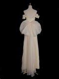Yellow A-line Satin Off-shoulder Tulle Long Prom Dress Graduation Prom Dress Wedding Dress HZ1024