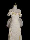 Yellow A-line Satin Off-shoulder Tulle Long Prom Dress Graduation Prom Dress Wedding Dress HZ1024