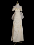Yellow A-line Satin Off-shoulder Tulle Long Prom Dress Graduation Prom Dress Wedding Dress HZ1024
