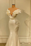 White Mermaid V-neck Satin Pearl Ruffle Long Prom Dress Elegant Evening Dress HZ1024
