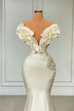 White Mermaid V-neck Satin Pearl Ruffle Long Prom Dress Elegant Evening Dress HZ1024