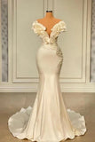 White Mermaid V-neck Satin Pearl Ruffle Long Prom Dress Elegant Evening Dress HZ1024
