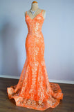 Mermaid Spaghetti Straps Sequins Applique Long Prom Dress Tulle Evening Dress HZ1024