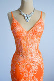 Mermaid Spaghetti Straps Sequins Applique Long Prom Dress Tulle Evening Dress HZ1024