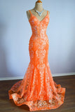 Mermaid Spaghetti Straps Sequins Applique Long Prom Dress Tulle Evening Dress HZ1024