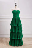 Green A-line Chiffon Strapless Layers Long Prom Dress Formal Evening Dress HZ1024
